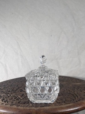 Vintage Cut Glass Lidded Sugar Bowl Candy Dish Trinket Jar Clear Pressed Glass