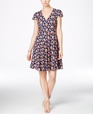 Betsey Johnson V Neck Navy Floral Cap Sleeves Pinup Flare Tea Dress Size 8 C1