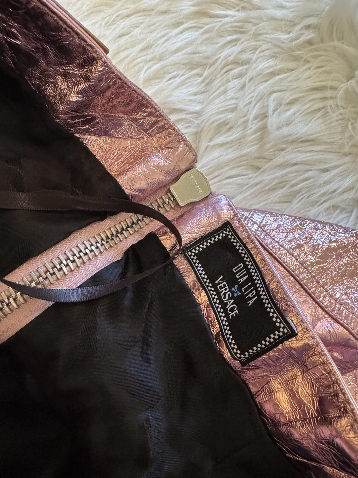 Versace x Dua Lipa New Rock Millennium Mini Abito Pelle Laminata Rosa 44