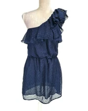 rue 21 Navy Blue Chiffon Mini Fit & Flare Dress Ruffle One Shoulder Women Size M