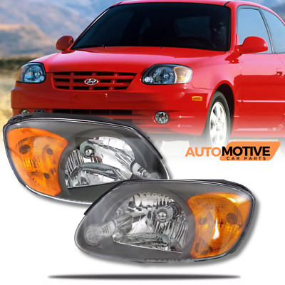 For 2003-2006 Hyundai Accent New Headlights Clear Headlamps Black Set Left+Right