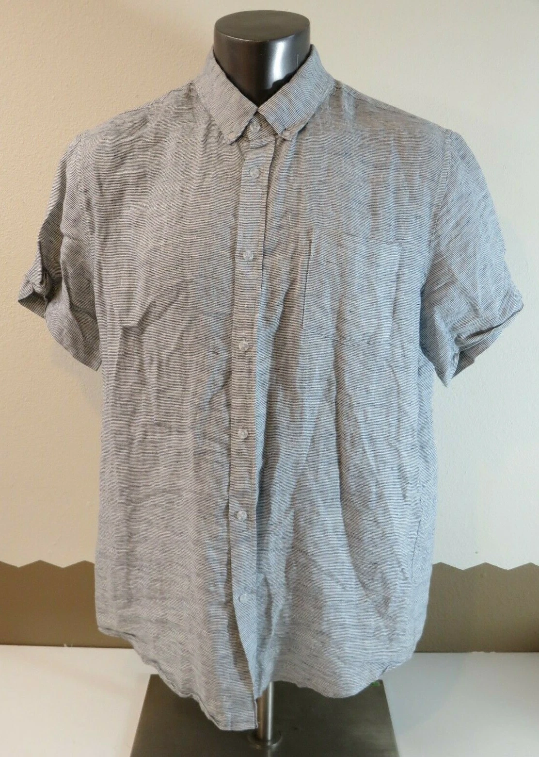Mens Magaschoni Linen Short Sleeve Button Front Shirt Size XL Gray White