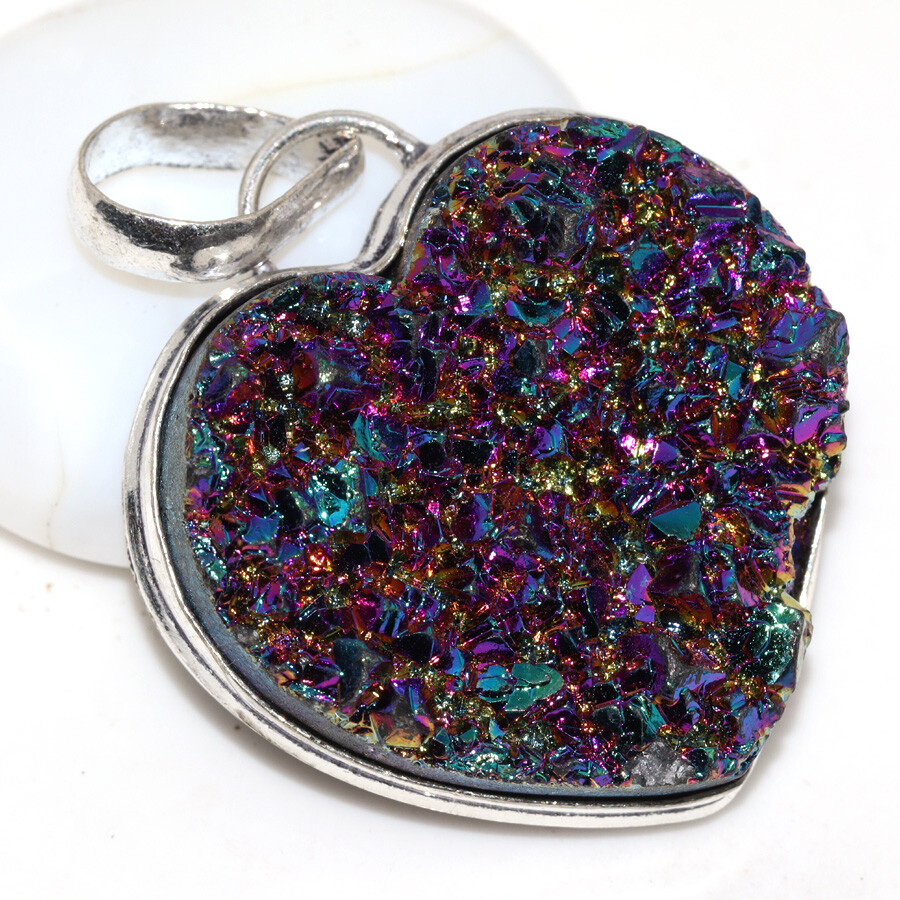 Titanium Druzy 925 Silver Plated Heart Pendant 1.7