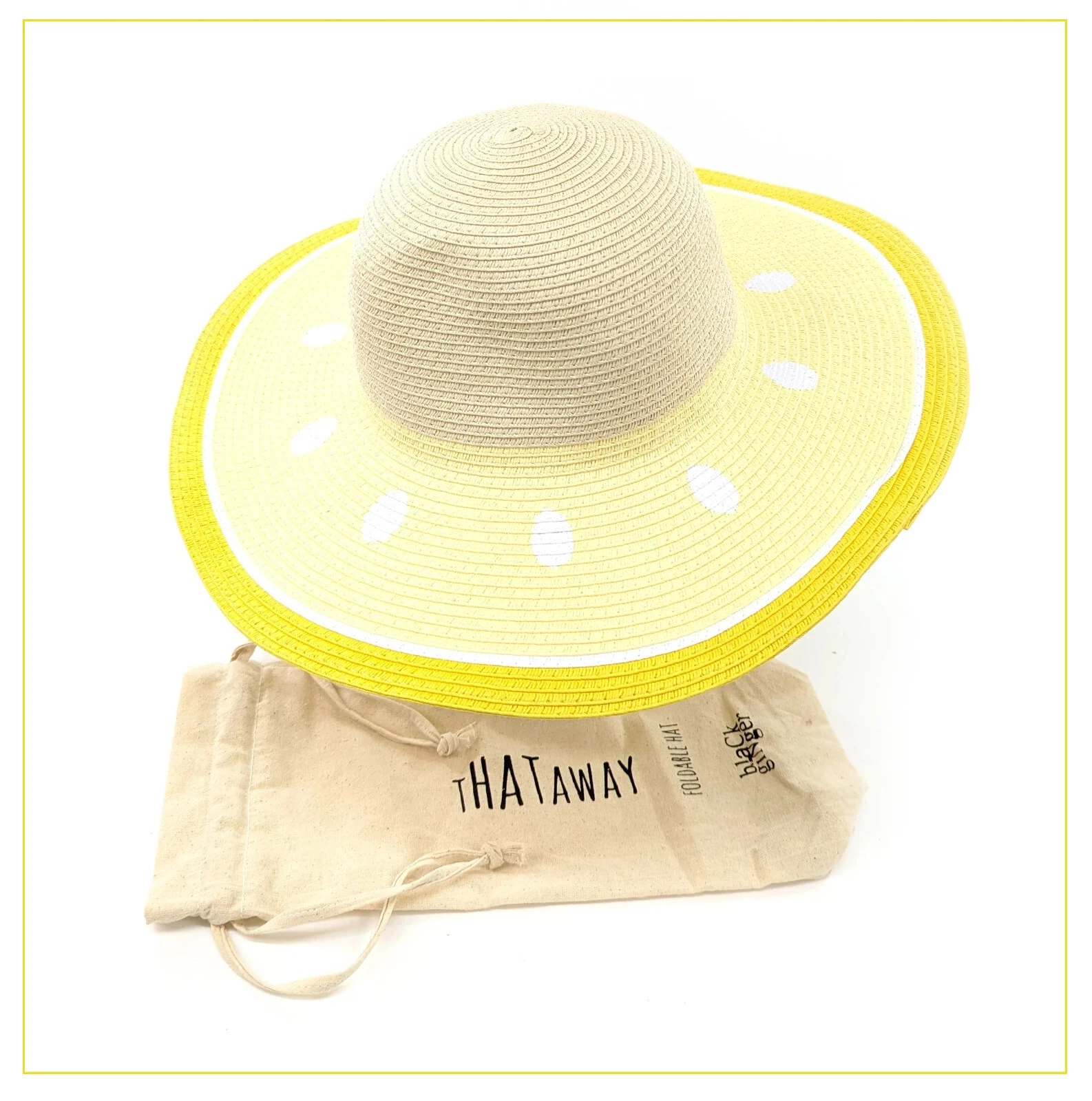 Summer Hat Foldable Black Ginger Wide Brim Lemon Yellow Roll Up Travel Bag Hols