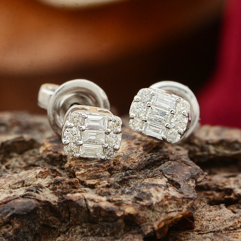 0.15 Ct Natural SI/H Baguette Diamond Minimalist Stud Earrings 10k White Gold