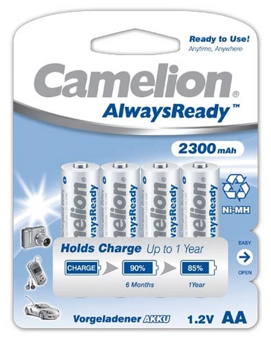 4 Accus Piles Rechargeables Camelion HR6 AA ALWAYS READY (R06) Capacité: 2300mAh - Photo 1/1