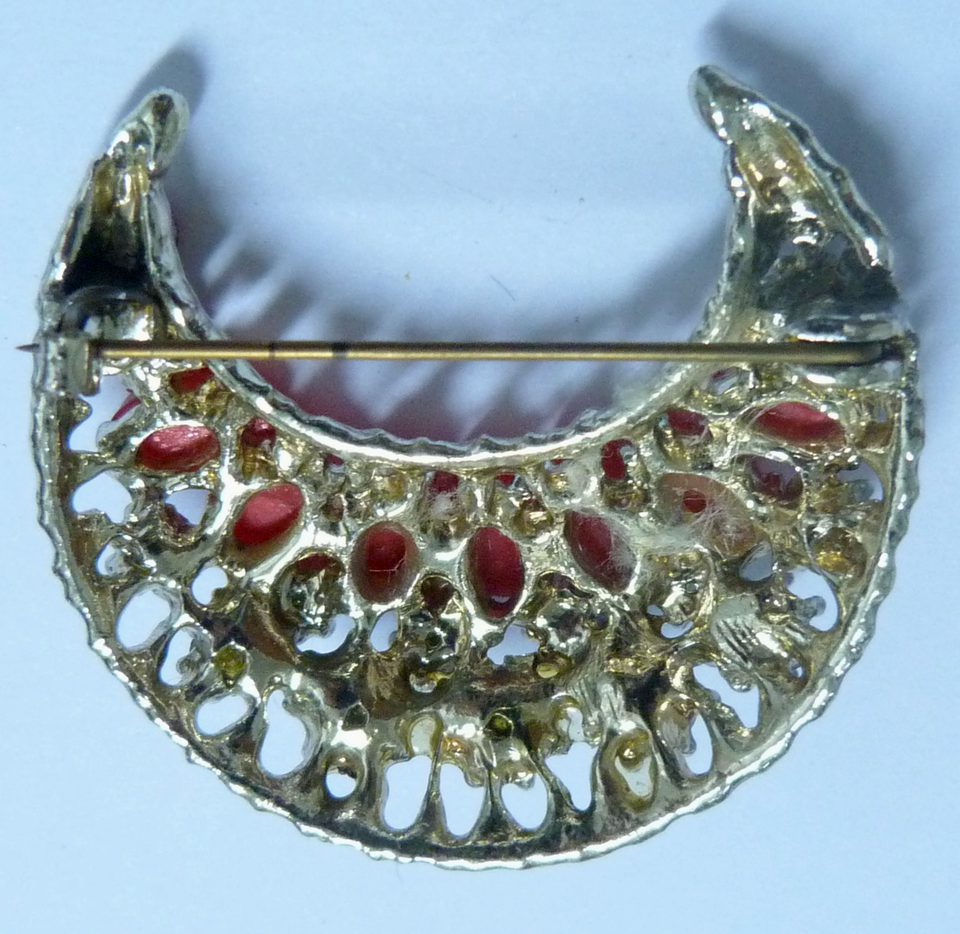 Vintage Crescent Moon Brooch Red Moonglow Lucite Aurora Borealis ...