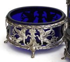 Antique Siver Cobalt Blue Glass Liner Salt Cellars Pepper Shakers Set Urn Griffi — photo 2