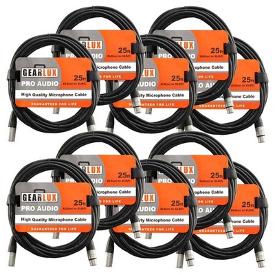 Gearlux 25-Foot XLR Microphone Cable, Male to Female, Black - 10 Pack