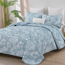 WONGS BEDDING Botanical Quilt Set King Size, Aqua 3 Pieces Toile Floral Plant...