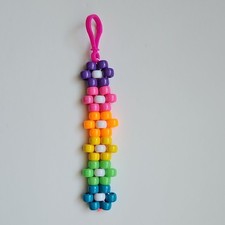 Handmade Rainbow Beaded Keychain Flower Pattern Pink Loop 6 Inch