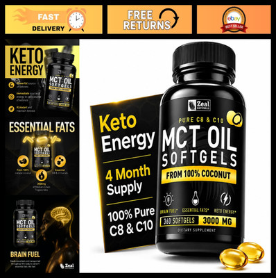 Pure MCT Oil Capsules 3000mg - 360 Softgels | C10 C8 Coconut Oil | Energy & Brai