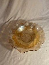 Vintage Jeanette Depression Glass, Amber Iris Herringbone Ruffle Edge Fruit Bowl