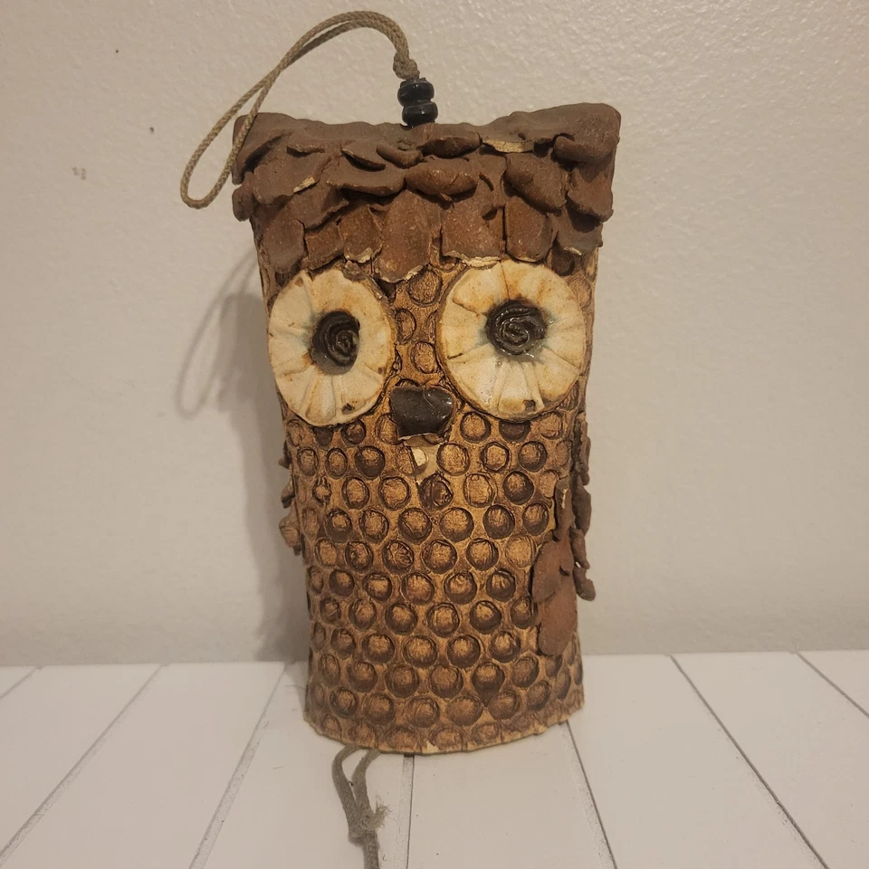Studio Art Pottery Hanging Owl Wind Chime Decor Brown Garden Home Boho 7" high - Image 3 of 4