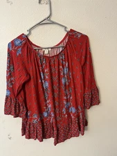 Style & Co. Red w Blue Floral Ruffles Tier Rayon Knit Tunic Peasant Top Pet Med
