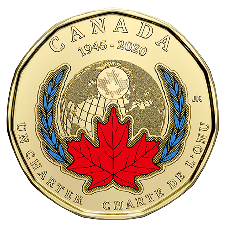 2020 Canada $1 Loonie 75th anniversary of UN Charter COLOURED