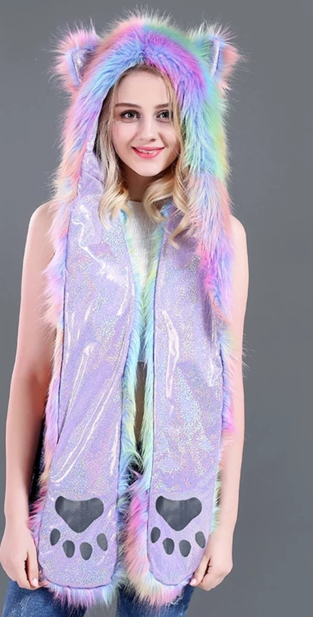Festival Rainbow Faux Fur Beanie Hat Cute Cat Paw Costume  display picture 3