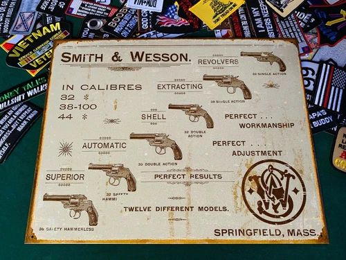 Smith and Wesson Revolvers Springfield Mass Tin Metal Sign Wall Garage Classic