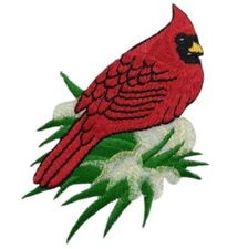 Cardinal On Snowy Branch Applique Patch Bird Snow Pine Needles Embroidered Badge