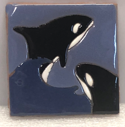 Vintage Caprichio Ceramic Art Tile 4" Square ORCA Whale Hand Glazed - Picture 1 of 5