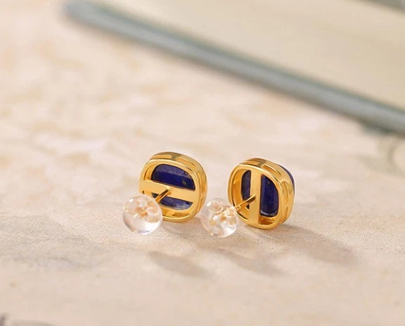 N02 Orecchini Quadrato Blu Lapislazzuli Placcato Oro Argento 925 Orecchini - Immagine 4 di 4