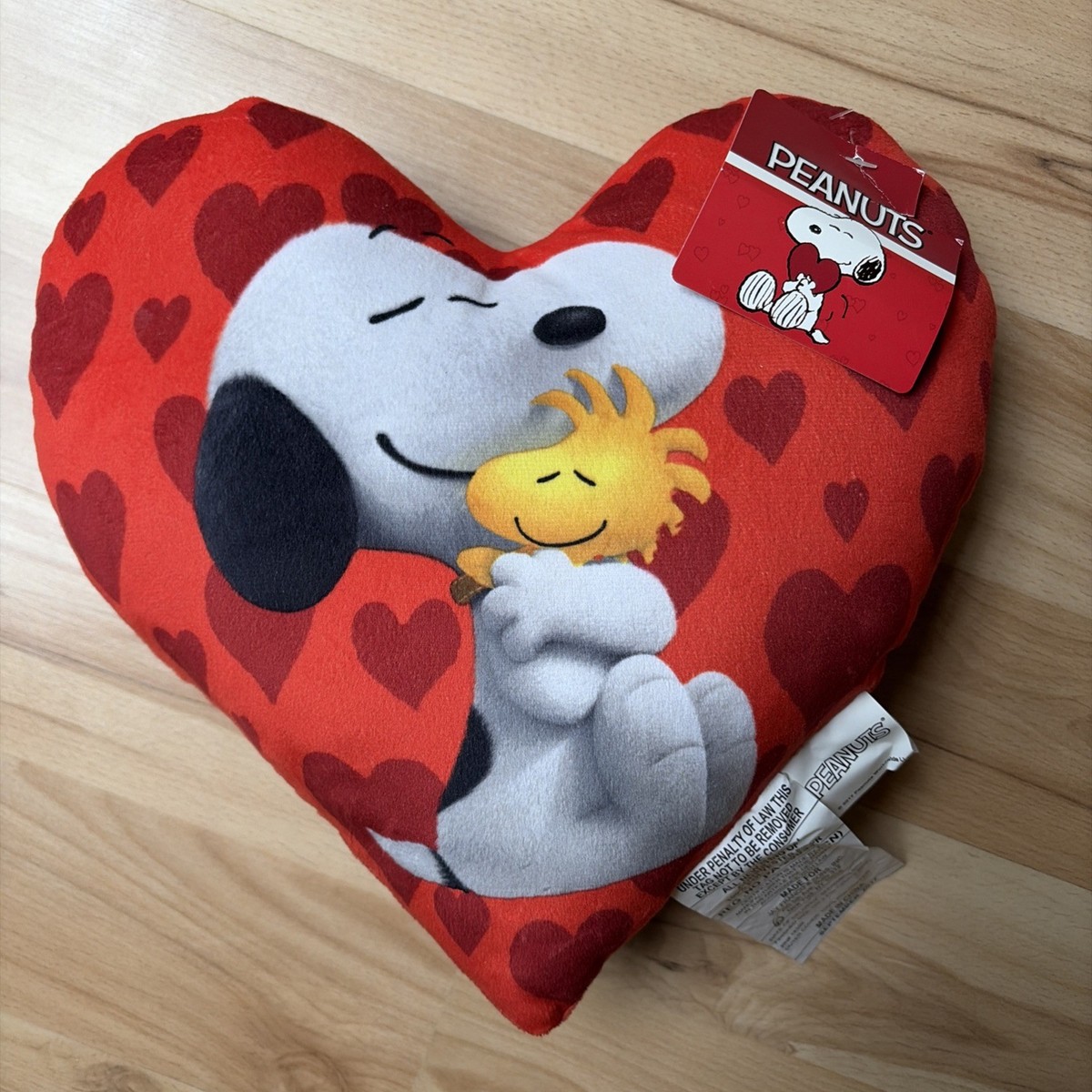 Peanuts Snoopy Woodstock Dog Bird Hug Red Heart Shaped Pillow
