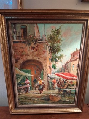 Acerbi Vando Oil On Canvas Painting Market Scene ''Piazza di Campo de Fiori''