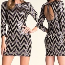 BEBE Sz Large Mini Dress Sequin Opened Chained Back/gold