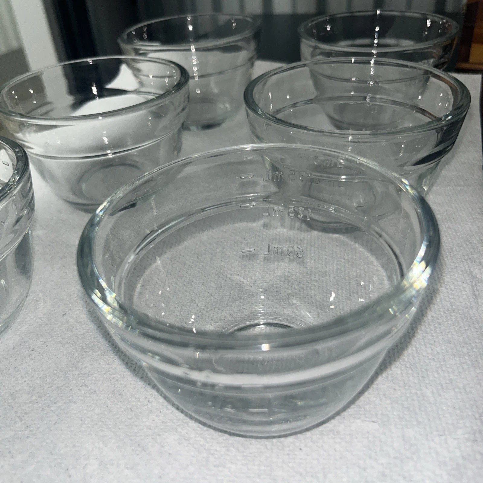6 Pampered Chef Clear Glass Measuring Cup and Prep Bowls 3/4 (175 mL) no lids