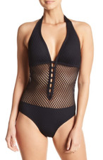 Jantzen Womens Black Mesh Plunge One Piece Swimsuit Size Small L17140