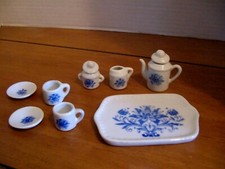 MINIATURE CHILD'S-DOLL'S CHINA TEA SET White w/Blue Flowers  10 Piece Set