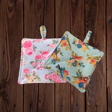 Handmade Potholder, Set of 2, Reversible Birds and Roses Quilted Hot Pads