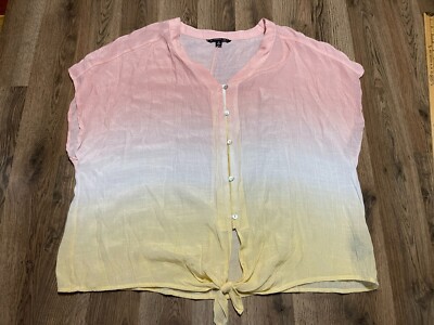 Zac & Rachel Shirt, Women's Plus 2X, Pink White Yellow, Button Up, Lightweight