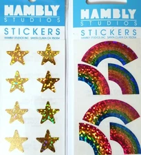 HAMBLY STUDIOS PRISMATIC SEALED 2 STICKER SHEET RAINBOW STARS GOLD RAINBOWS VTG