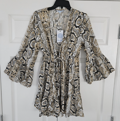 Blue Island Beach Sz Med Swim Cover Up Drawstring Waist Reptile Print Browns NWT
