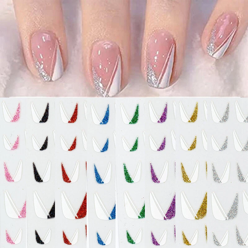 Nail Art Stickers Glitter Silver White Gold French Design Self-adhesive  Nail Art