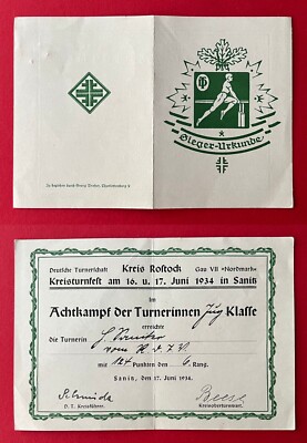alte Siegerurkunde Kreisturnfest Sanitz Achterkampf der Turnerinnen 1934( 143794
