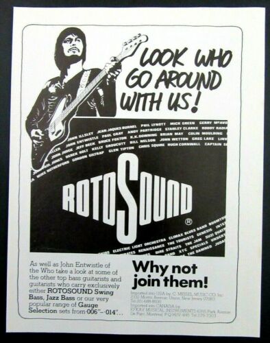1979 cordes de basse ROTOSOUND JOHN ENTWISTLE of THE WHO Magazine Ad - Photo 1/1