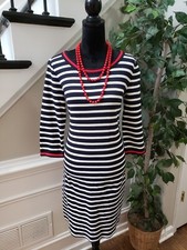 Talbots Women Black White 100% Cotton Round Neck Long Sleeve Knee Length Dress M
