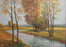 Antique impressionist oil painting landscape river