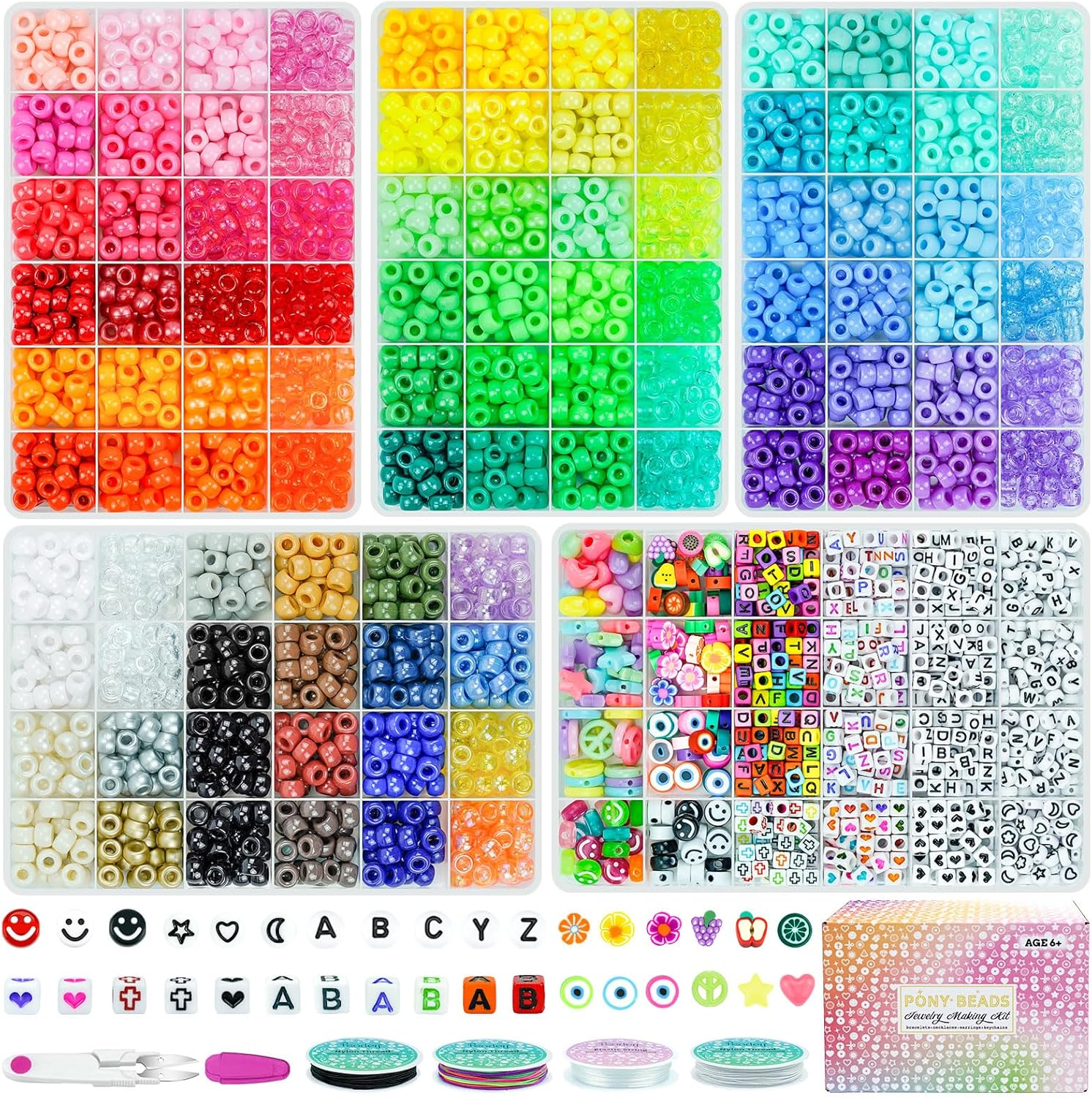 96-Color Pony Beads Kit for Bracelet Making – 5 Boxes 6x9mm Kandi Beads