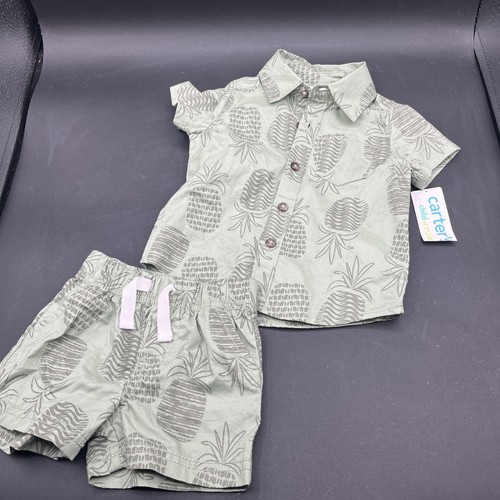 Carter's Baby Junge 0-3M - 2-teiliges Outfit Set grün Ananas Shirt & Shorts neu mit Etikett - Bild 1 von 3