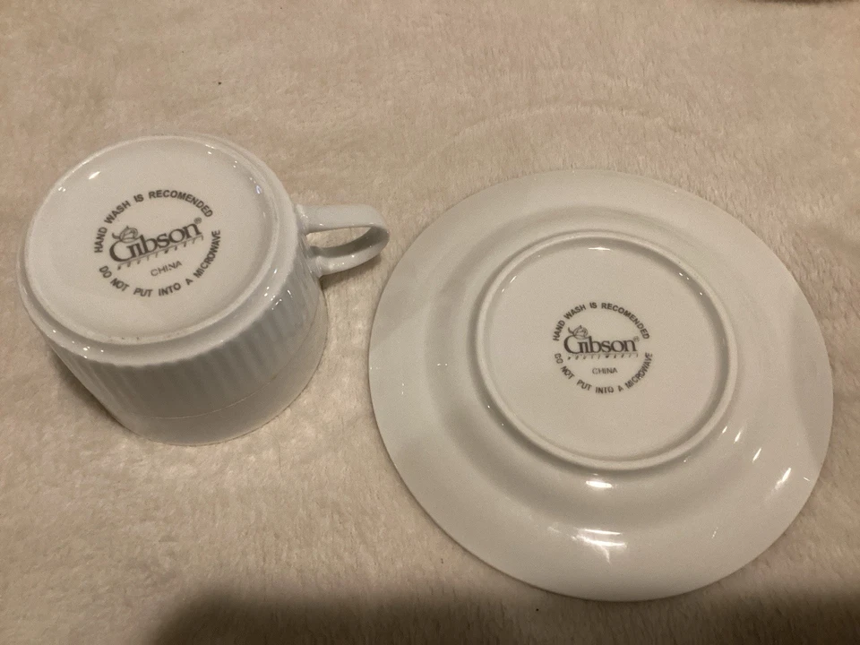 “11 Gibson Black Tie 8 oz CUPS & SAUCERS, White w Gold Trim, Ribbed Design China - Image 2 of 4