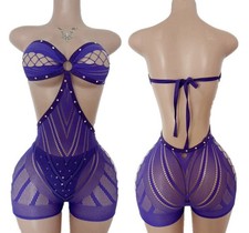 Purple one piece exotic dance wear mesh body stocking purple rhinestones