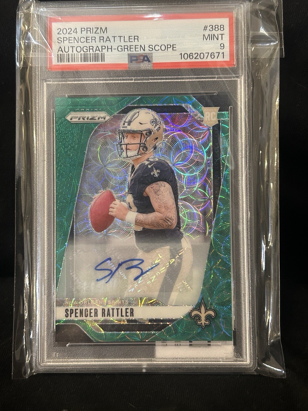 2024 Panini Prizm Rookies Spencer Rattler Green Scope Rc Auto  52/75 Psa 9 Mint