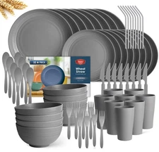 Teivio 32-Piece with Flatware Kitchen Plastic Wheat Straw Dinnerware Sets, Se...