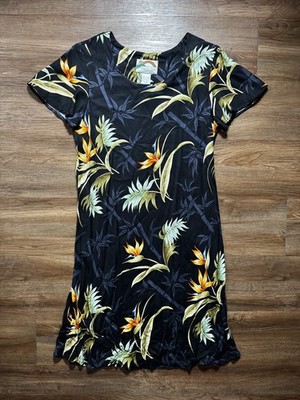 Paradise Found Bamboo Paradise Hawaiian Dress Womens L Black A-Line Cap Sleeves