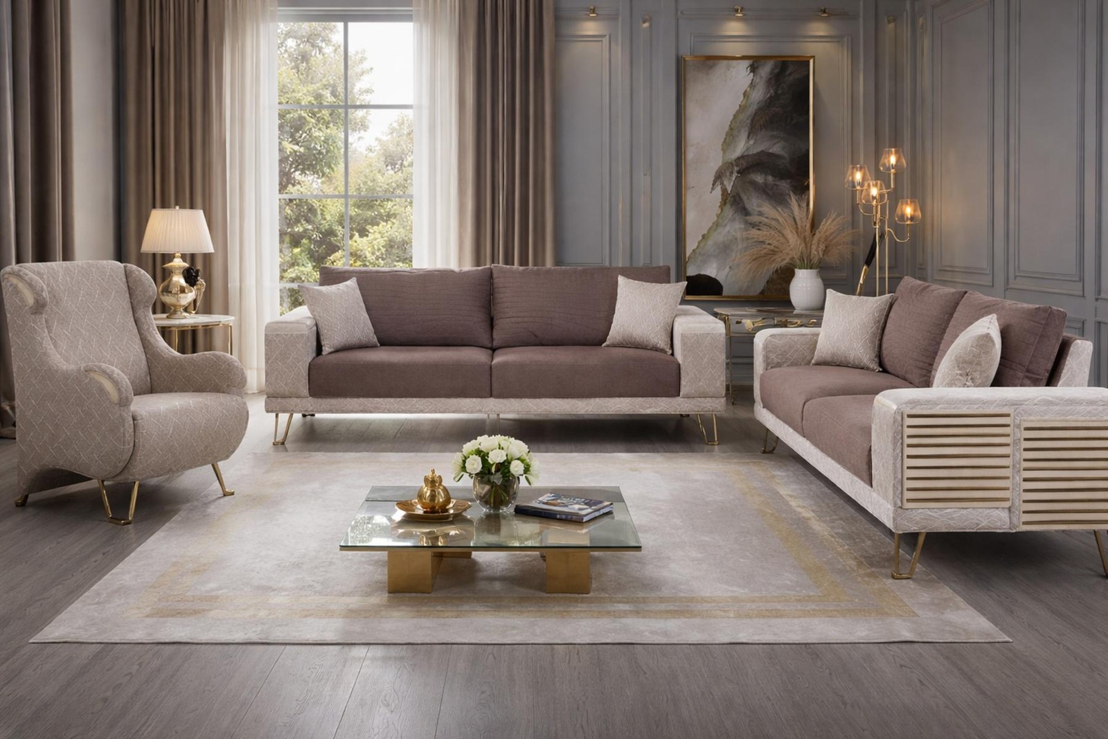 Elegantes Sofaset mit 2 Sofas und Sessel im modernen Stil