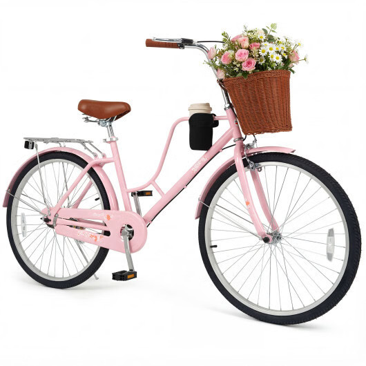 Bike With Cup Holder And Woven Basket - Pink - Color: Pink