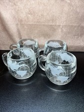 Vintage Nestle World Globe Frosted Glass Coffee Mugs Cups - Set of 4